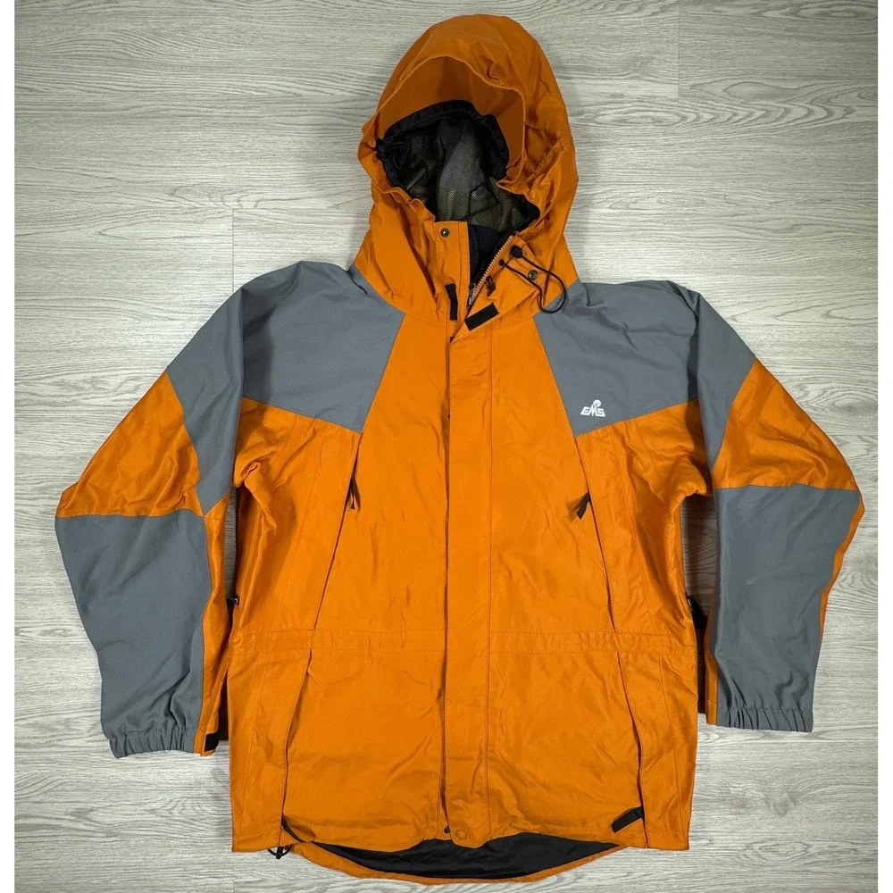 EMS Mens Jacket Gore-Tex Hooded Rain Shell Orange Gray Large Pit Zips Waterproof